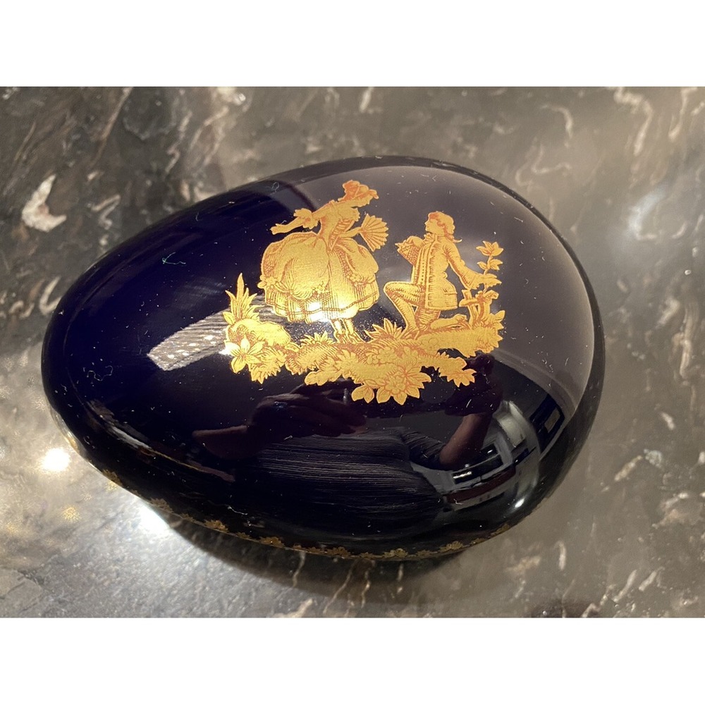 Porcelain F. M Limoges France Cobalt Blue Gold Egg Trinket Dish 4.75"x 3"